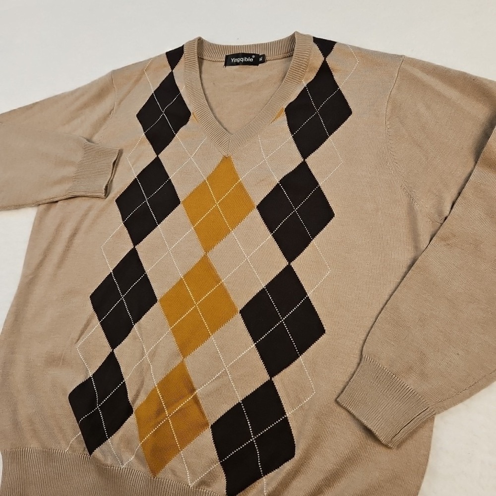 Yingqible Men's Tan Argyle Wool Blend V Neck Sweater Size XL Golf Casual